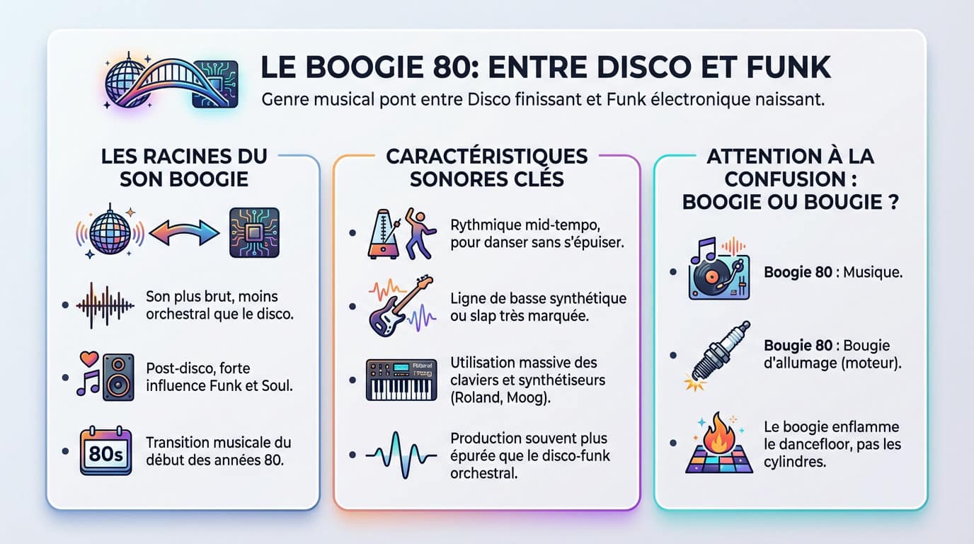 Ambiance musicale boogie 80 mêlant synthétiseurs et groove funk